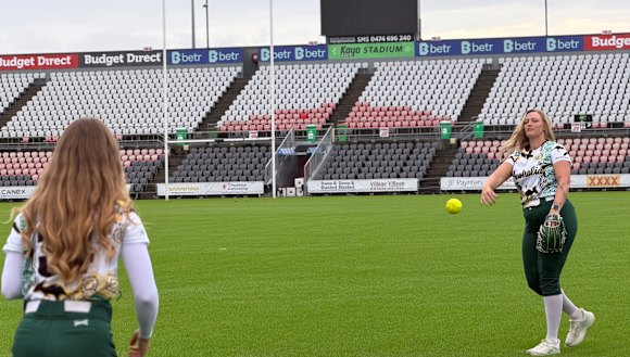 Australian international softballers Nicole Connacher and Jayme Reddacliff had a test pitch on the Kayo Stadium field.