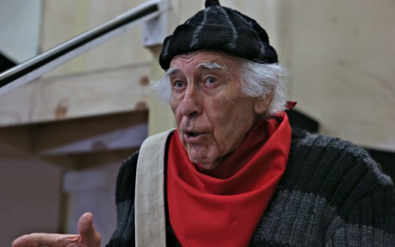 Ron Haddrick, an 84-year-old actor, performing in the stage play Noises Off at the Sydney Theatre Company, 2014.