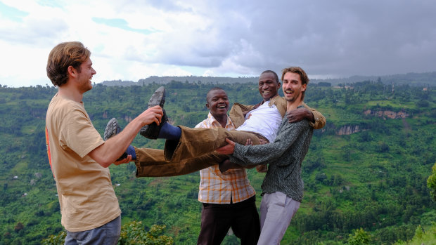 Darcy Small (left) and Brody Smith (far right) of Bugisu Project with the team from Zukuka Bora, in Mt Elgon, Uganda.
