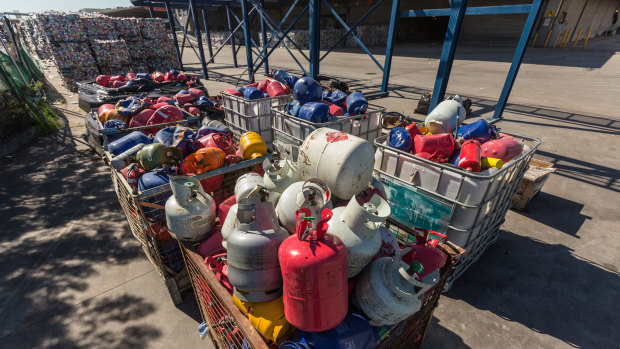 Gas bottles found among recycling waste collected by Victorian councils. The bottles do not go to landfill; they are sold for scrap metal.