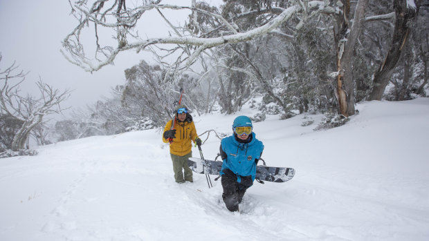 Patrick Gasser and Adam Vetricek out enjoying early morning turns in deep fresh snow at Mt Buller.