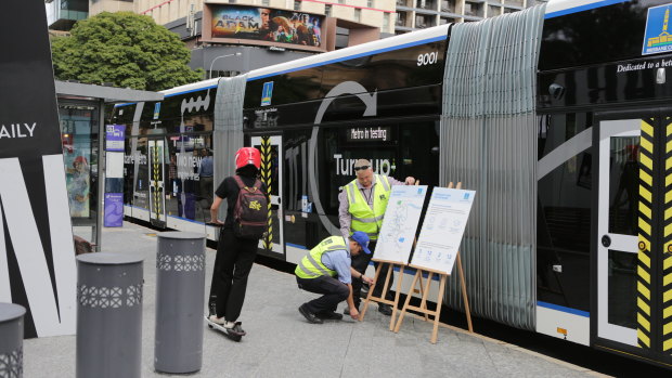 One of Brisbane City Council’s Brisbane Metro vehicles being tested in the CBD. 