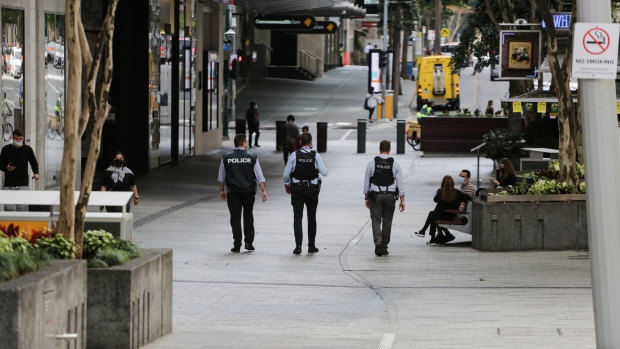 Brisbane’s CBD during a lockdown of 11 south-east Queensland LGAs to halt the spread of an emerging COVID-19 Delta strain outbreak.