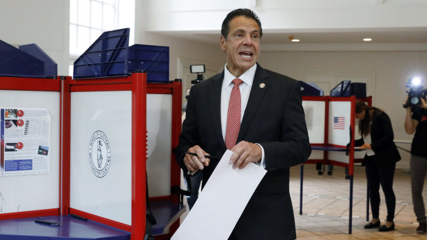 New York Governor Andrew Cuomo speaks as he marks his primary election ballot in Mount Kisco, NY.