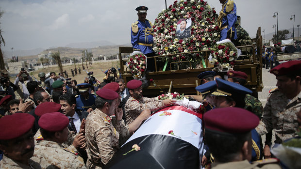 Houthi Shiite mourners attend the funeral of Saleh al-Samad, a senior Houthi official who was killed by a Saudi-led coalition airstrike on Yemen believed carried out by a Chinese drone.