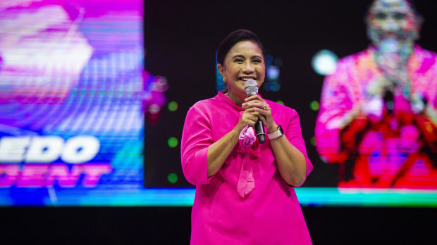 Leni Robredo addresses a huge crowd in central Manila on Saturday night.
