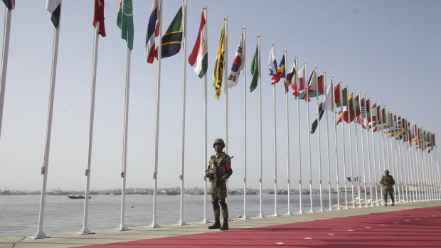 Pakistan personal stand guard during the opening ceremony of Pakistan Navy's Multinational Exercise AMAN-19, in Karachi, Pakistan, on Friday.