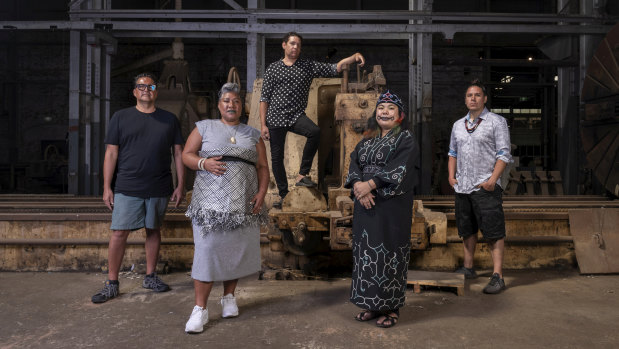 First Nations artists from across Australia and the world are featured in Nirin, the 22nd Biennale of Sydney. From left to right: Adrian Stimson, Latai Taumoepeau, Tony Albert, Mayunkiki and Nicholas Galanin. 