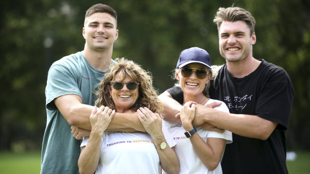 'Homesick': Jack Maddocks (left) and close mate and Roosters player Angus Crichton (right) with their mothers last year. 