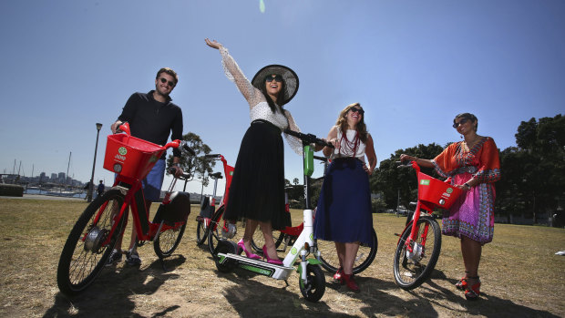 George Morrison, Alice Hidajat, Wendy Rattray, and Narelle Mattau with the new Lime bikes that will relaunch in Sydney on Monday.