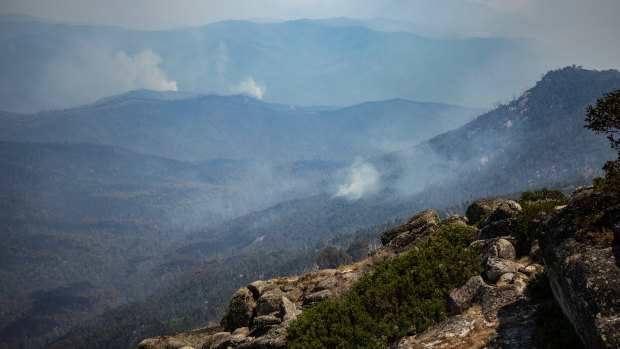 The burnt out areas of Mount Buffalo on Saturday. 