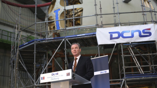 Government minister Christopher Pyne in 2016, announcing the decision to build the French diesel submarines in Australia.