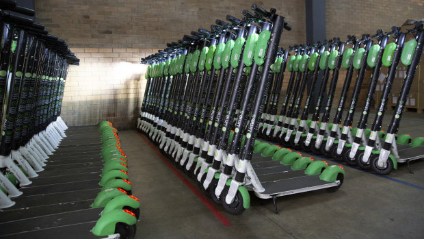 Lime scooters in the company's Brisbane warehouse.