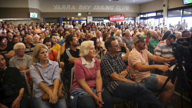 Locals opposed to the cruise terminal packed Yarra Bay Sailing Club on Sunday. 