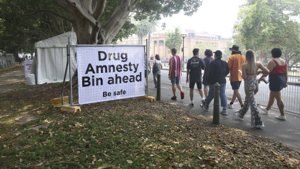 Drug amnesty bins were placed near the entry of Field Day music festival in the Domain on New Year's Day.