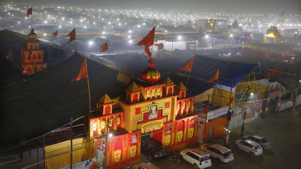 A thick layer of dust is seen over the tent city set up for the festival in Prayagraj, India.