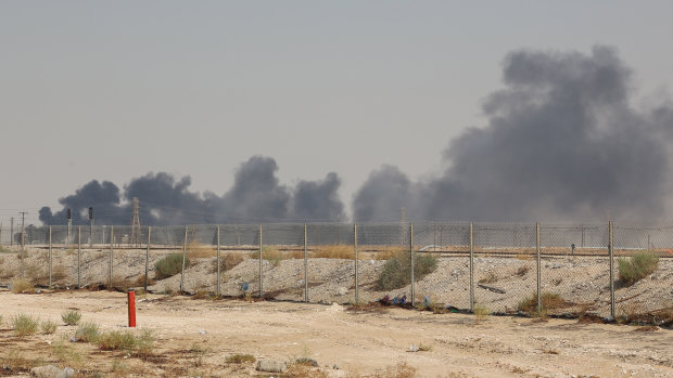 Smoke fills the sky at the Abqaiq oil processing facility in Saudi Arabia on Saturday.
