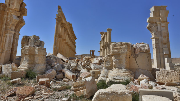 Damage in the ancient city of Palmyra, Syria, after Islamic State fighters were driven out in 2016.