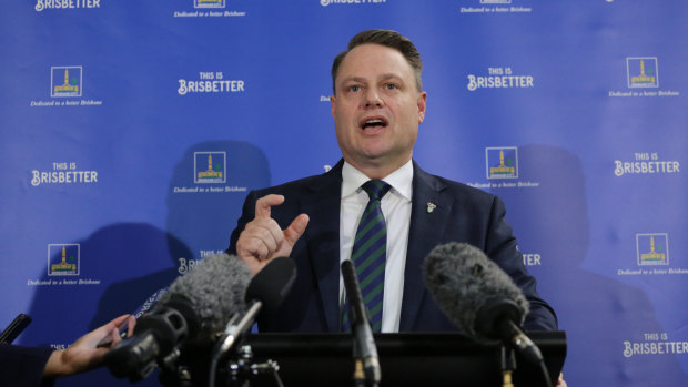 Brisbane lord mayor Adrian Schrinner speaks at City Hall before handing down the council’s 2021-22 budget.