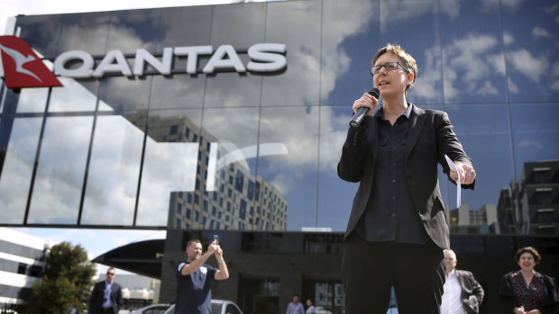 ACTU secretary Sally McManus outside Qantas' headquarters on Monday.  