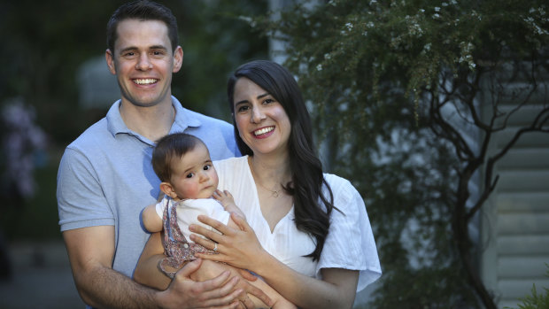 Laura Aubusson and husband James with their daughter Harper. 