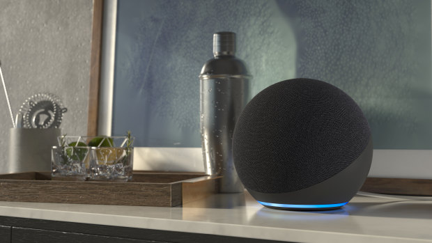 The New Amazon Echo is a sphere with a ring of light around the bottom.