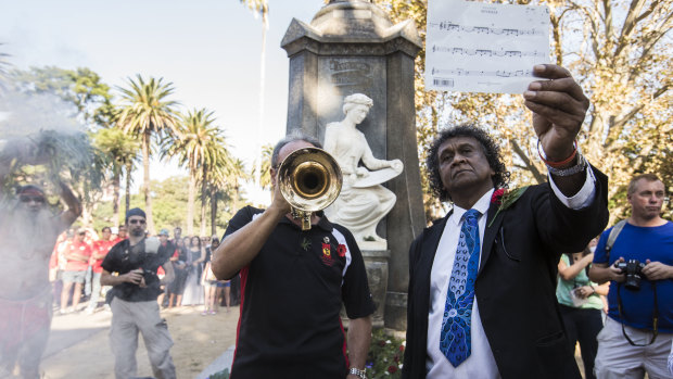 The last post is played at the Redfern Aboriginal ANZAC Day Commemoration on April 25, 2015.