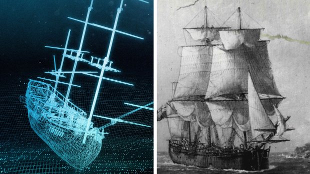 A pre-visualisational digital model of Lieutenant James Cook’s vessel the Endeavour, compared to an old sketch of the ship.