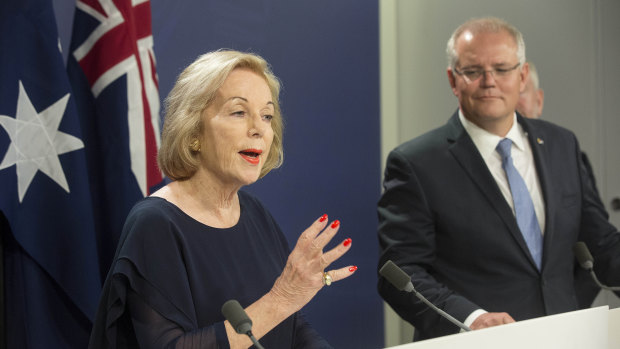 Ita Buttrose and Scott Morrison at the announcement on Thursday. 