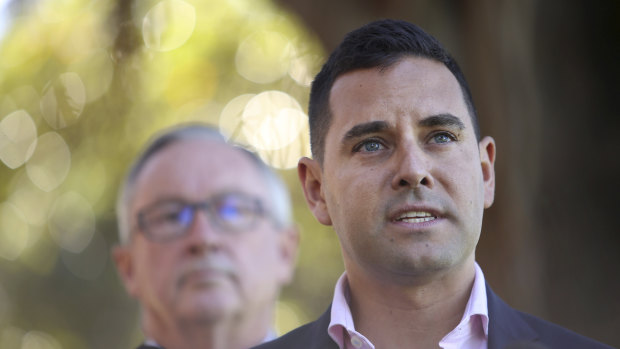 MP Alex Greenwich, right, and NSW Health Minister Brad Hazzard in July 2019 outside Parliament House.