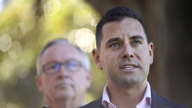 Independent NSW MP Alex Greenwich, right, and NSW Health Minister Brad Hazzard announcing the bill.