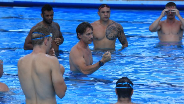 Control: Nam Baldwin explains his methods to the NSW Origin side in Armidale.