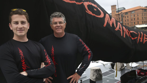 Skipper Jim Cooney with crew member and son James on board Comanche, which is likely to be at a disadvantage in the light to moderate winds.