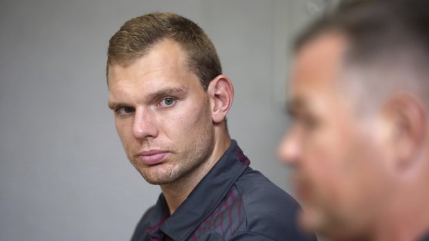 Manly fullback Tom Trbojevic with coach  Anthony Seibold on Tuesday.