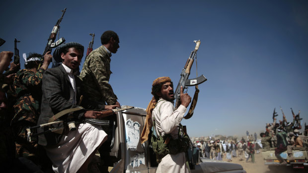 Newly recruited Shiite fighters, known as Houthis, mobilise to fight pro-government forces, in Sanaa, Yemen.