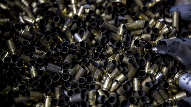 Bullet jackets sit in a pile at the Colt 45 Shooting Club.