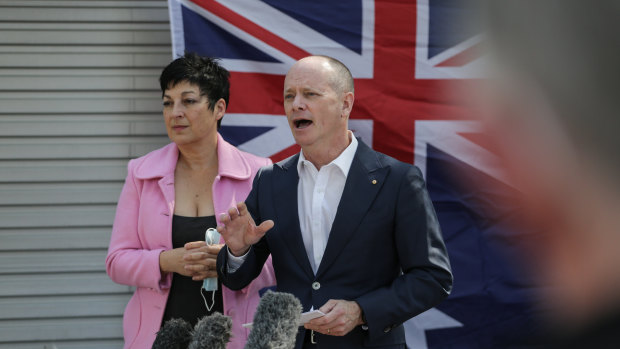 Campbell Newman, with wife Lisa, announces his Senate run with the Liberal Democrats. 