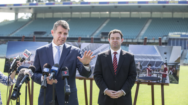 Then-NSW premier Mike Baird, left,  gives a press conference on December 8, 2016, in the presence of Sports Minister Stuart Ayres on the upgrade of Parramatta Stadium.