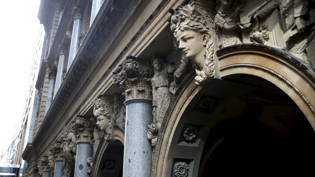 Detail of sandstone above Martin Place on the Victorian GPO Building.