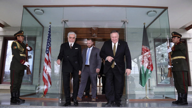 US Secretary of State Mike Pompeo, centre right, and Abdullah Abdullah the main political rival of President Ashraf Ghani, centre left, met in Kabul, Afghanistan, on March 23. 