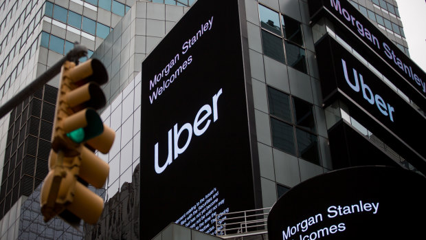 Almost there: Uber signage in front of Morgan Stanley headquarters in Times Square, New York.