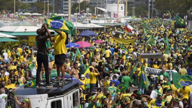 Supporters of President Jair Bolsonaro gather at Copacabana beach in Rio de Janeiro, Brazil. 
