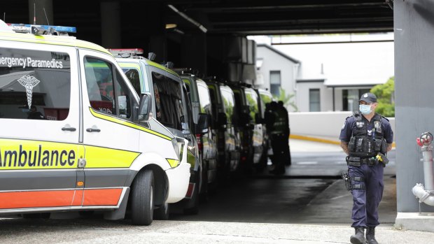 Ambulances at the ready to transport hotel quarantine guests from the Hotel Grand Chancellor in Brisbane on Wednesday.