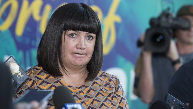 Under pressure: Rugby Australia chief executive Raelene Castle announces the sacking of Israel Folau on Friday.