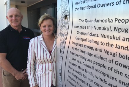 Redlands mayor Karen Williams - pictured with Cleveland-North Stradbroke councillor Peter Mitchell - warned the state government in 2018 that poor communication over the transfer of land back to Quandamooka people could affect the transition from sand mining.