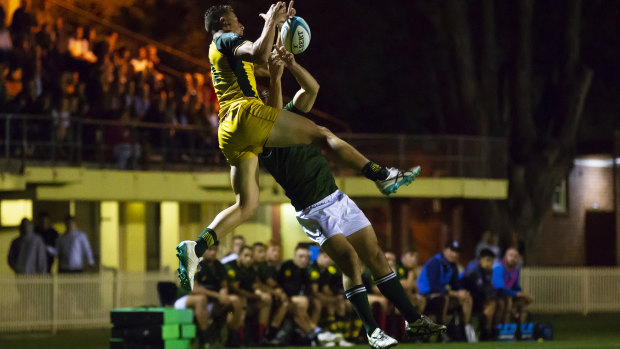 Nawaqanitawase takes a high ball in a Junior Wallabies warm-up against an Australian Barbarians side in Sydney in May last year.