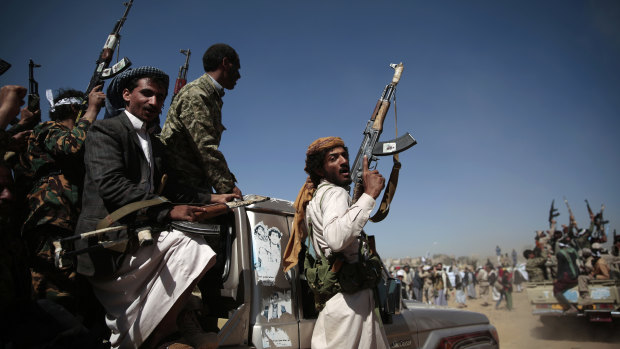 Newly recruited Shiite fighters, known as Houthis, mobilise to fight pro-government forces, in Sanaa, Yemen.