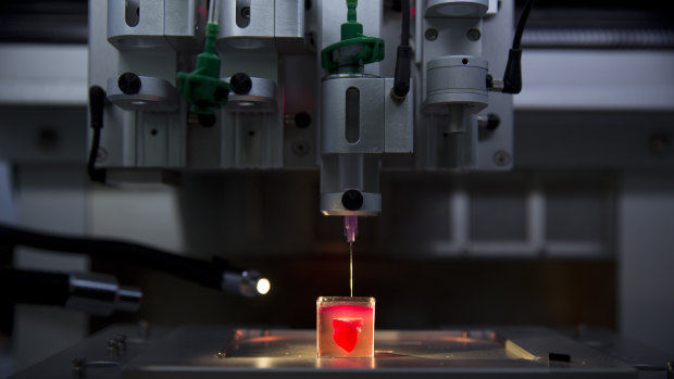 A 3D printer prints a heart with human tissue at the University of Tel Aviv,