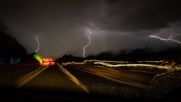 A line of severe storms track east across Sydney on Monday evening.