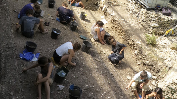 Excavations at the entrance of the Mandrin cave, in the Rhone valley, France.